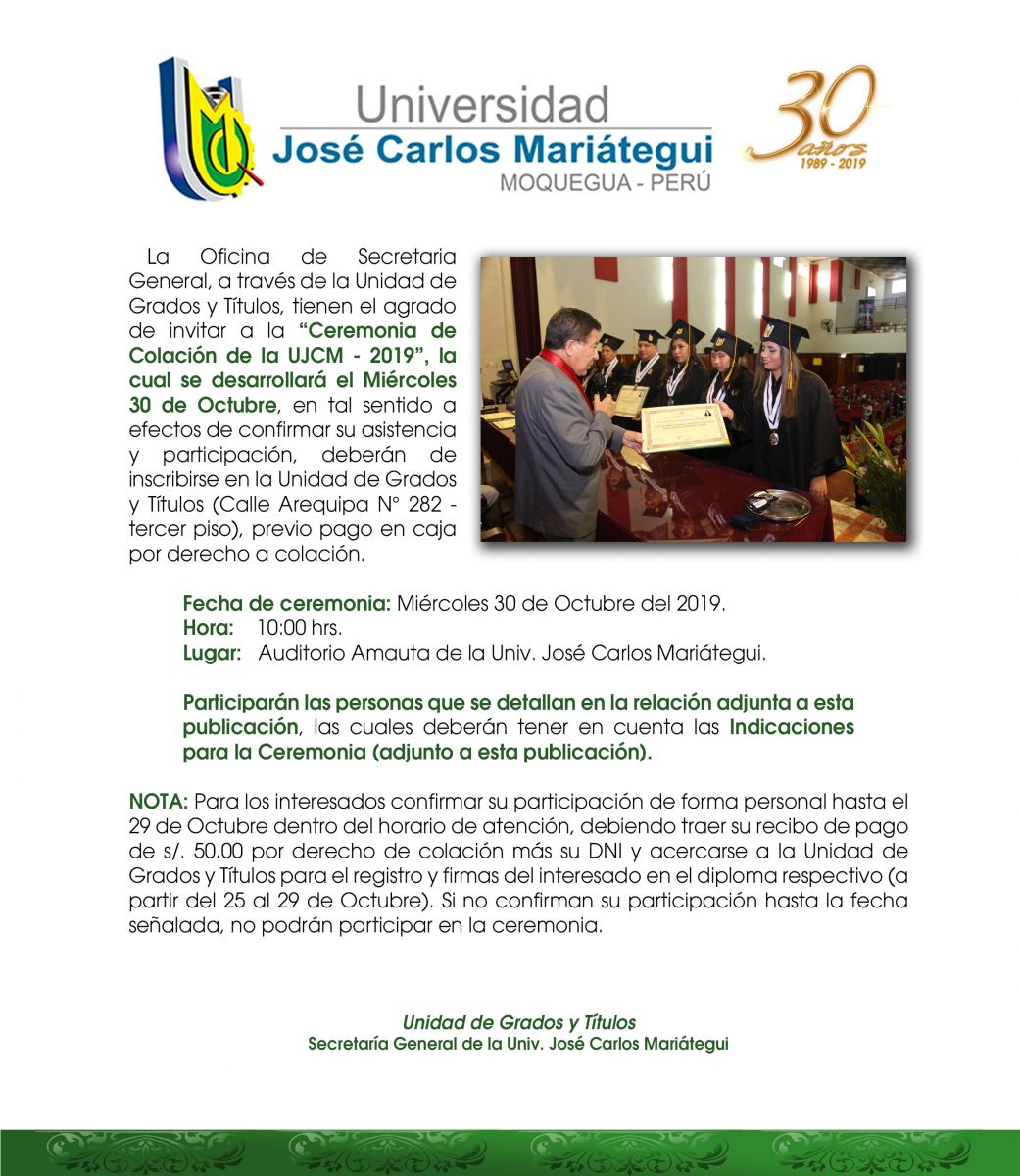 Invitación a Ceremonia de Colación (mañana): Grado Académico de Bachiller