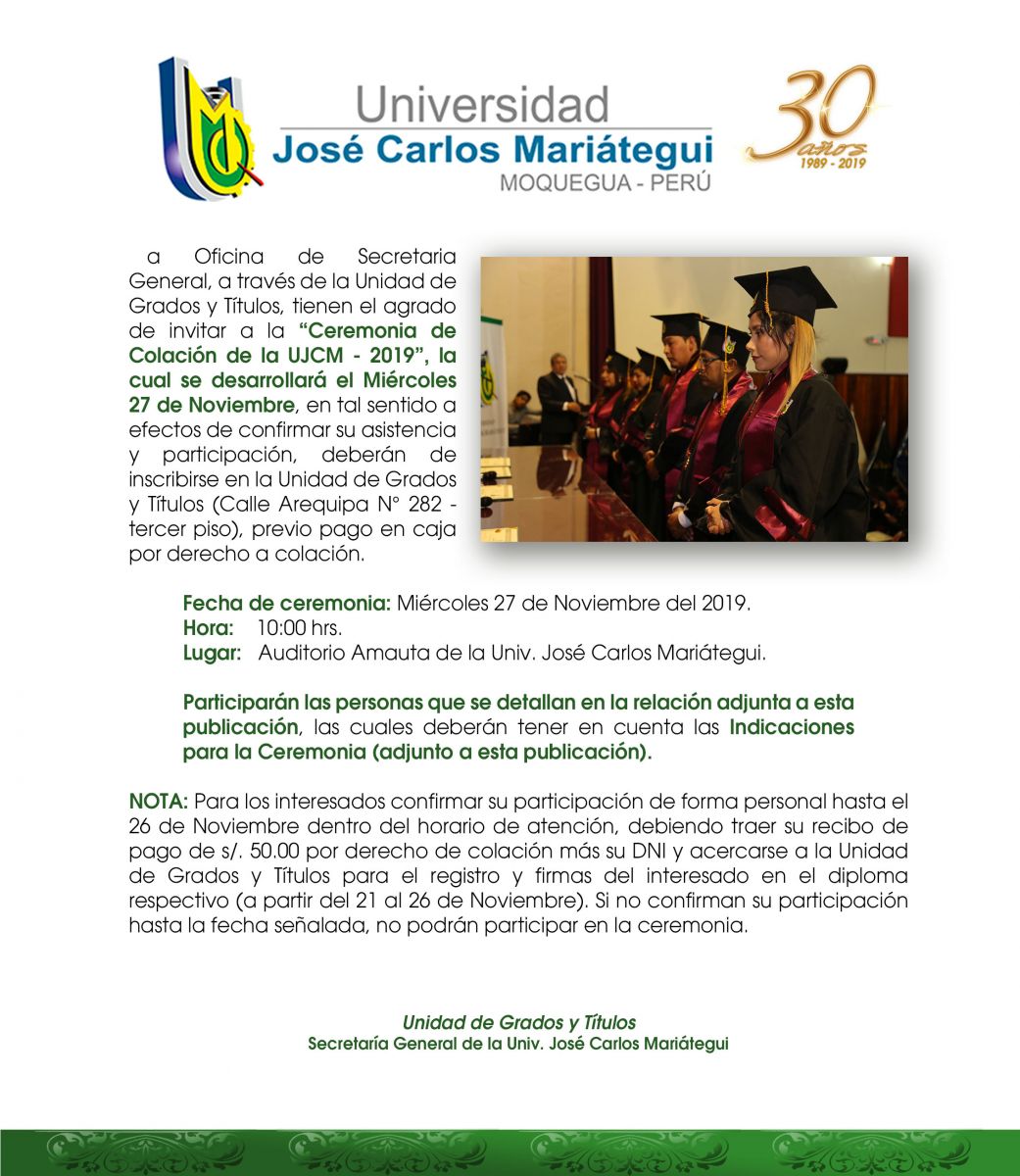 Invitación a Ceremonia de Colación (mañana): Grado Académico de Bachiller y Maestro