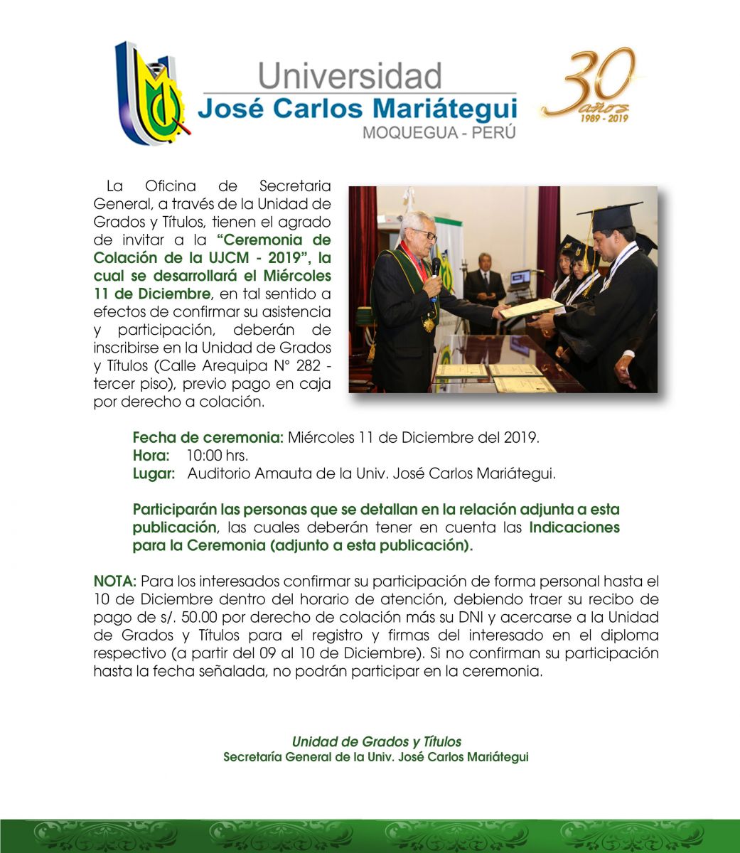 Invitación a Ceremonia de Colación: Grados Académicos de Bachiller, Título Profesional, Segunda Especialidad y Maestro
