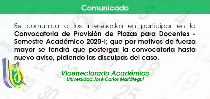 Postergación de Convocatoria: Provisión de Plazas para Docentes, 2020-I