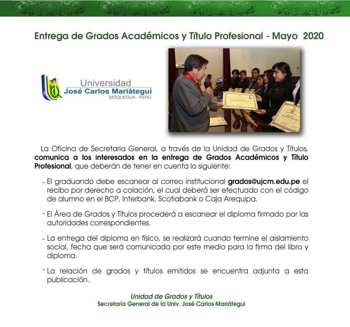Entrega de Grados Académicos y Título Profesional – Mayo 2020